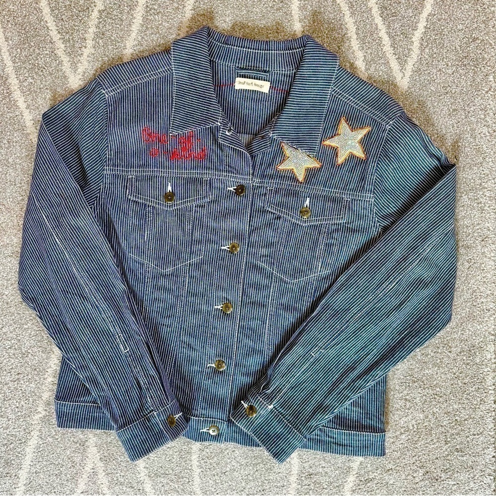 Pinstripe Navy Stretch Jean Jacket w/ Embroidery & Elephant Flour Sack Applique